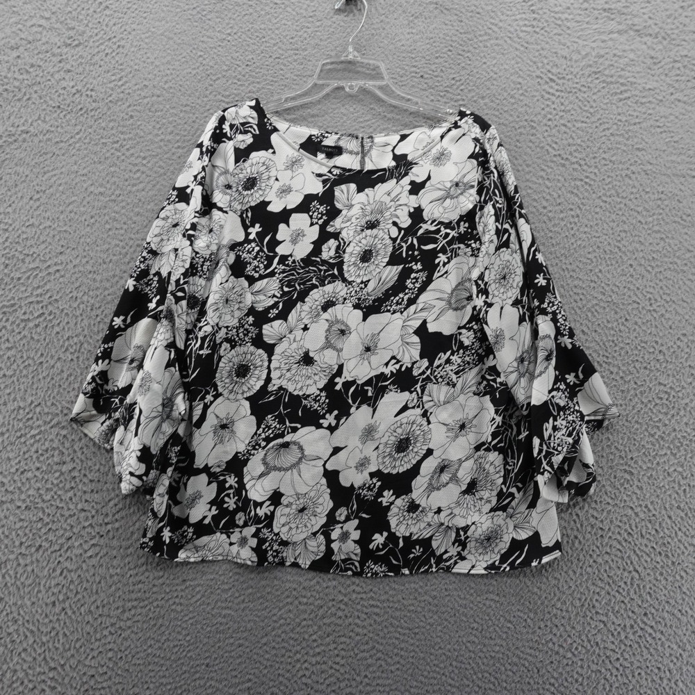 Talbots Floral Blouse‎ Top Large Black White Women Kimono Sleeve Lightweight